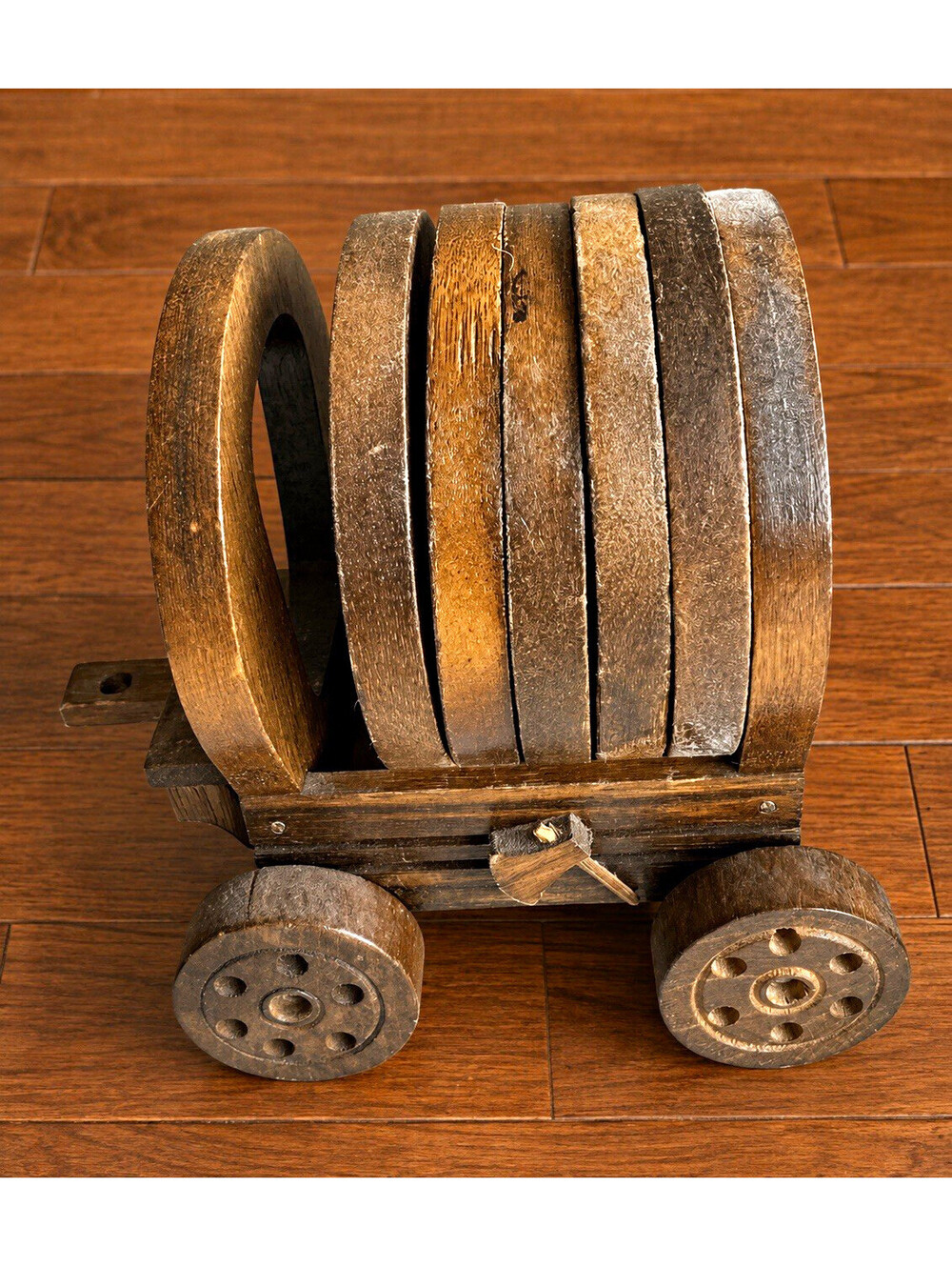 Rustic Brown Wooden Barrel on Wheels Decorative Collectible Home Decor